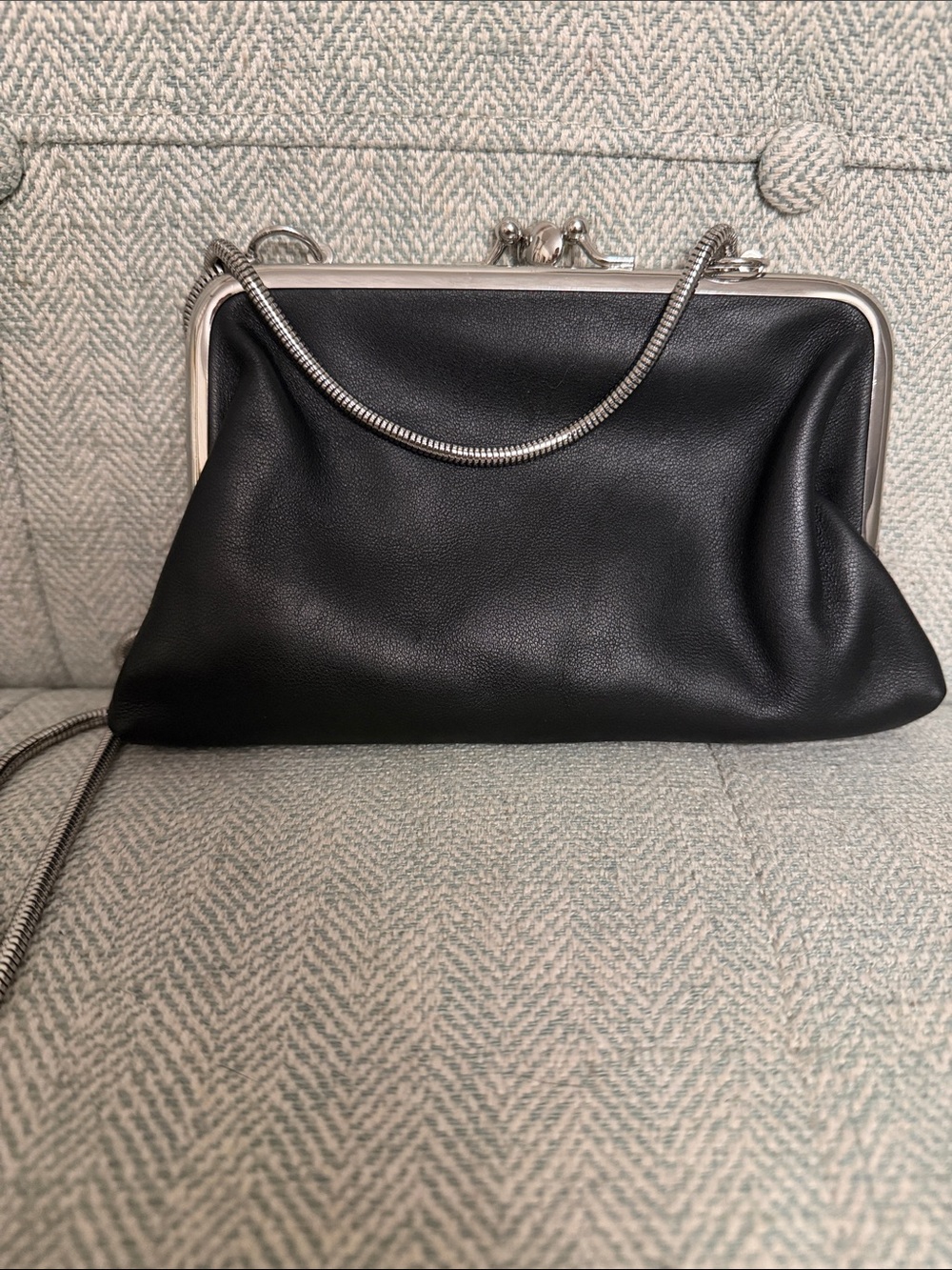 Black Leather Frame-Top Clutch with Silver Chain